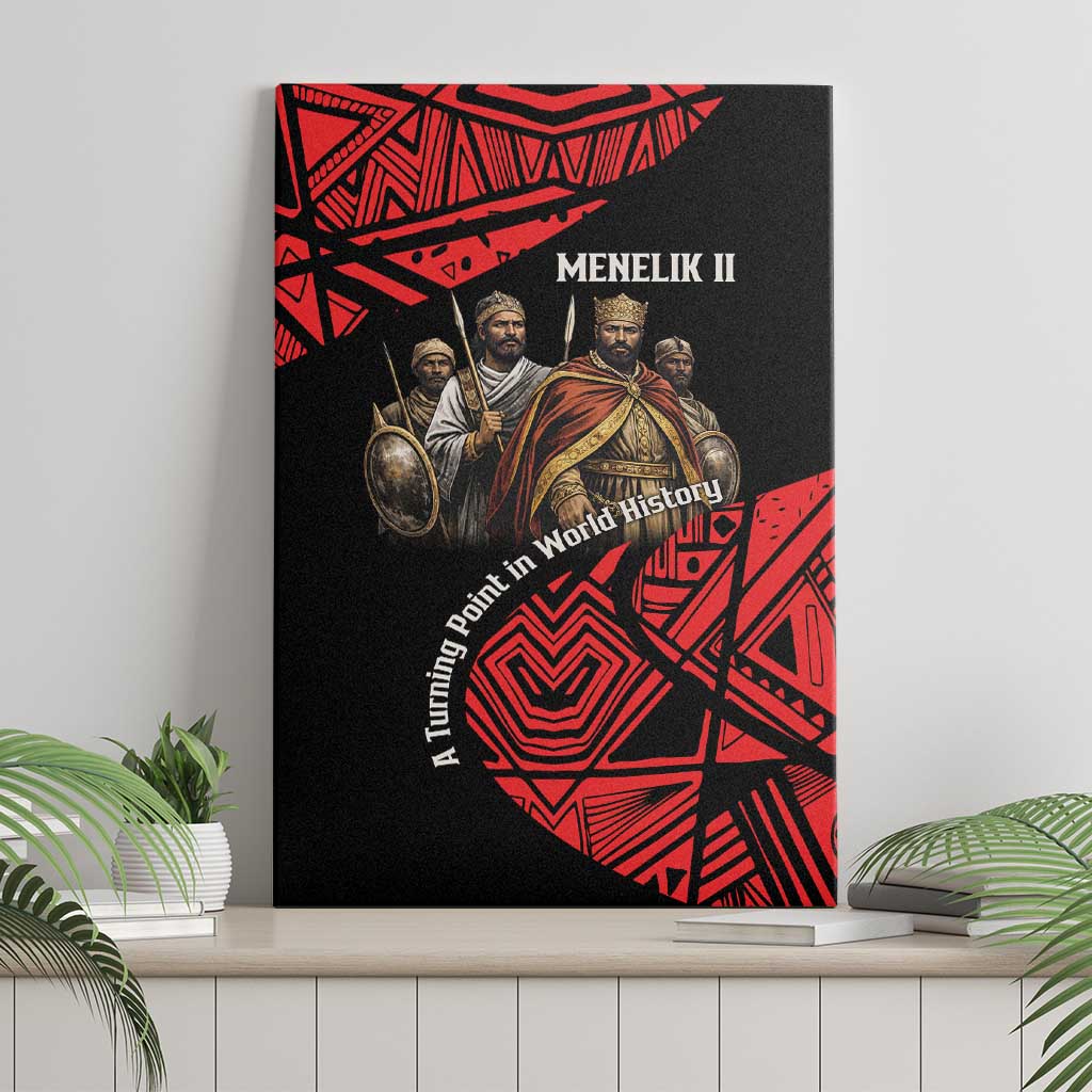 Menelik II Canvas Wall Art with Adwa Victory Map, Africa Defeated an Empire Text and Red Geometric - African Pride