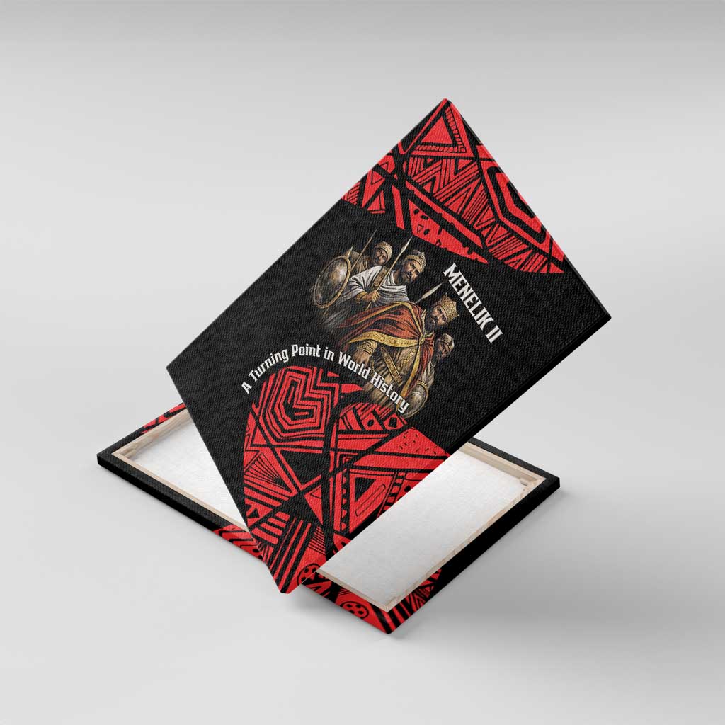 Menelik II Canvas Wall Art with Adwa Victory Map, Africa Defeated an Empire Text and Red Geometric - African Pride
