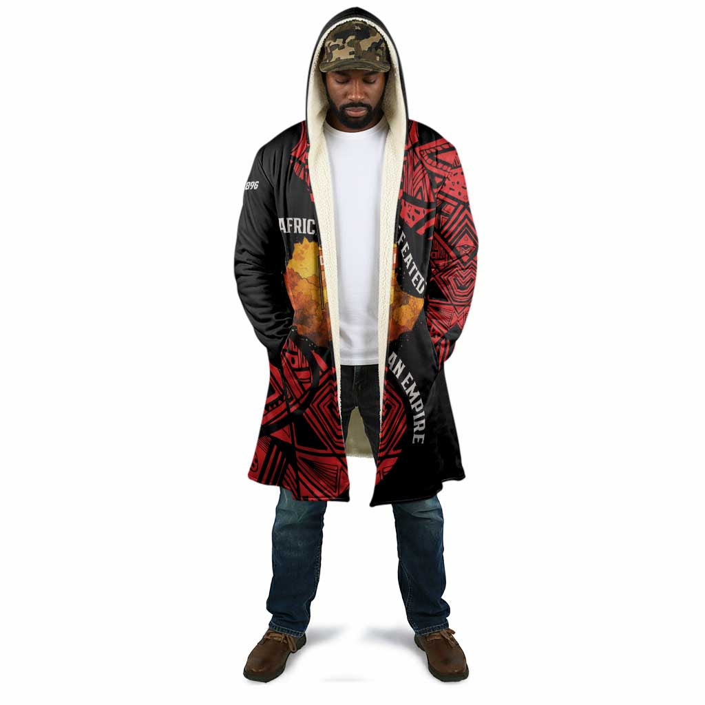 Menelik II Cloak with Adwa Victory Map, Africa Defeated an Empire Text and Red Geometric - African Pride
