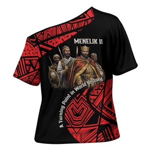 Menelik II Cross Shoulder Shirt with Adwa Victory Map, Africa Defeated an Empire Text and Red Geometric - African Pride