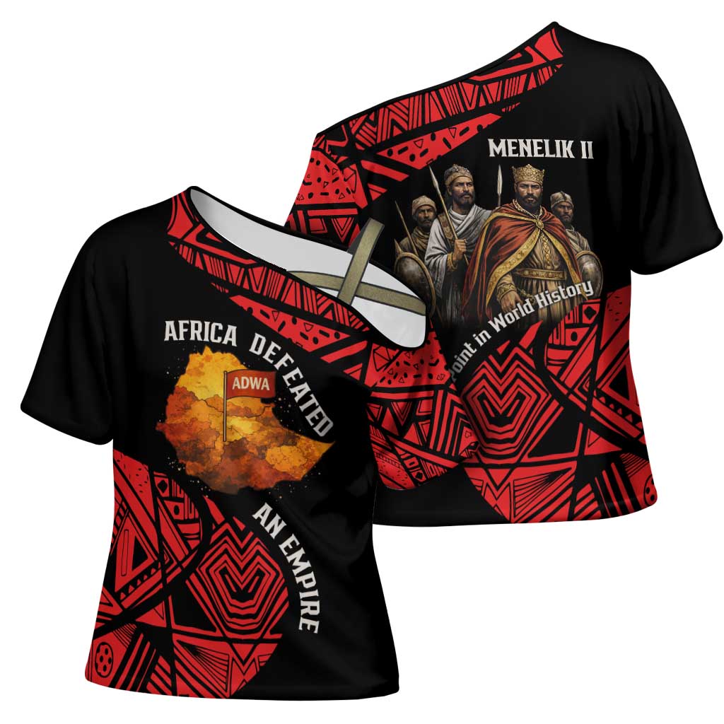 Menelik II Cross Shoulder Shirt with Adwa Victory Map, Africa Defeated an Empire Text and Red Geometric - African Pride