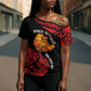 Menelik II Cross Shoulder Shirt with Adwa Victory Map, Africa Defeated an Empire Text and Red Geometric - African Pride