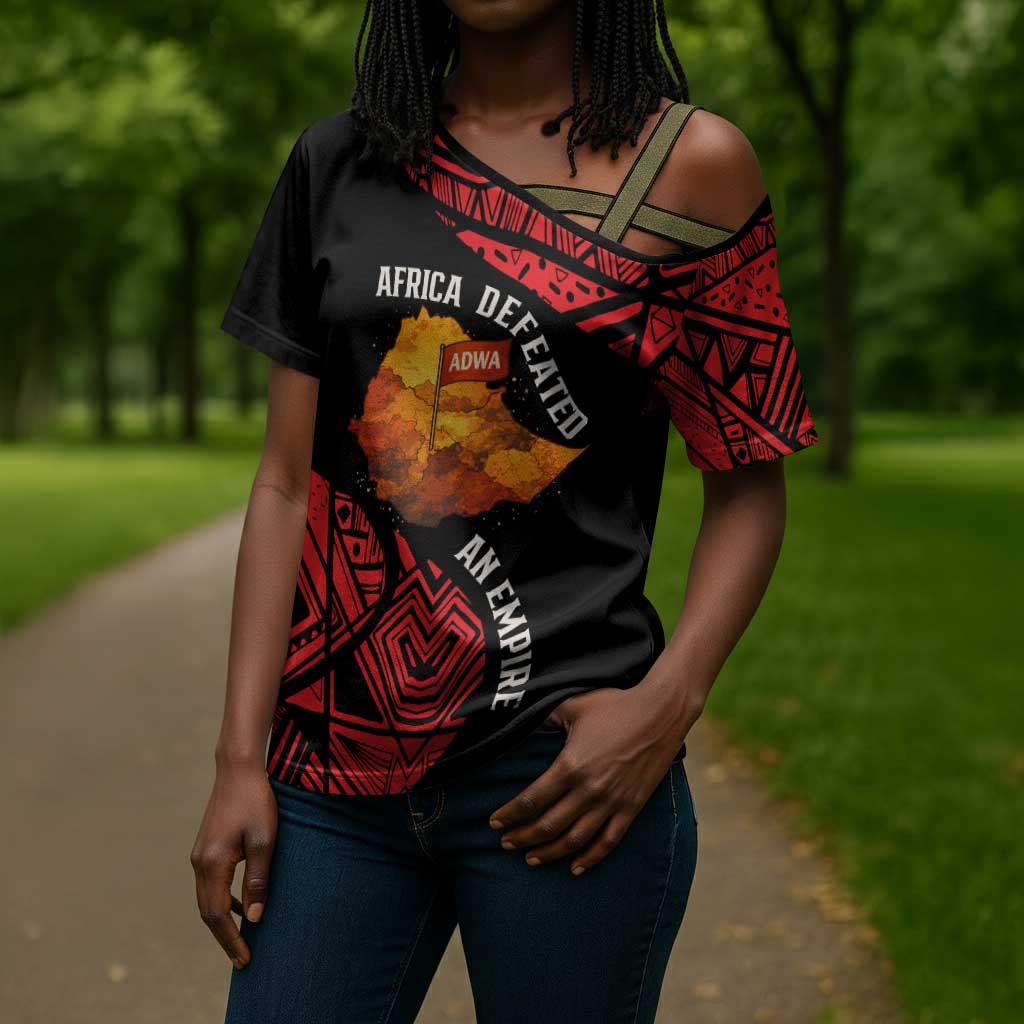 Menelik II Cross Shoulder Shirt with Adwa Victory Map, Africa Defeated an Empire Text and Red Geometric - African Pride
