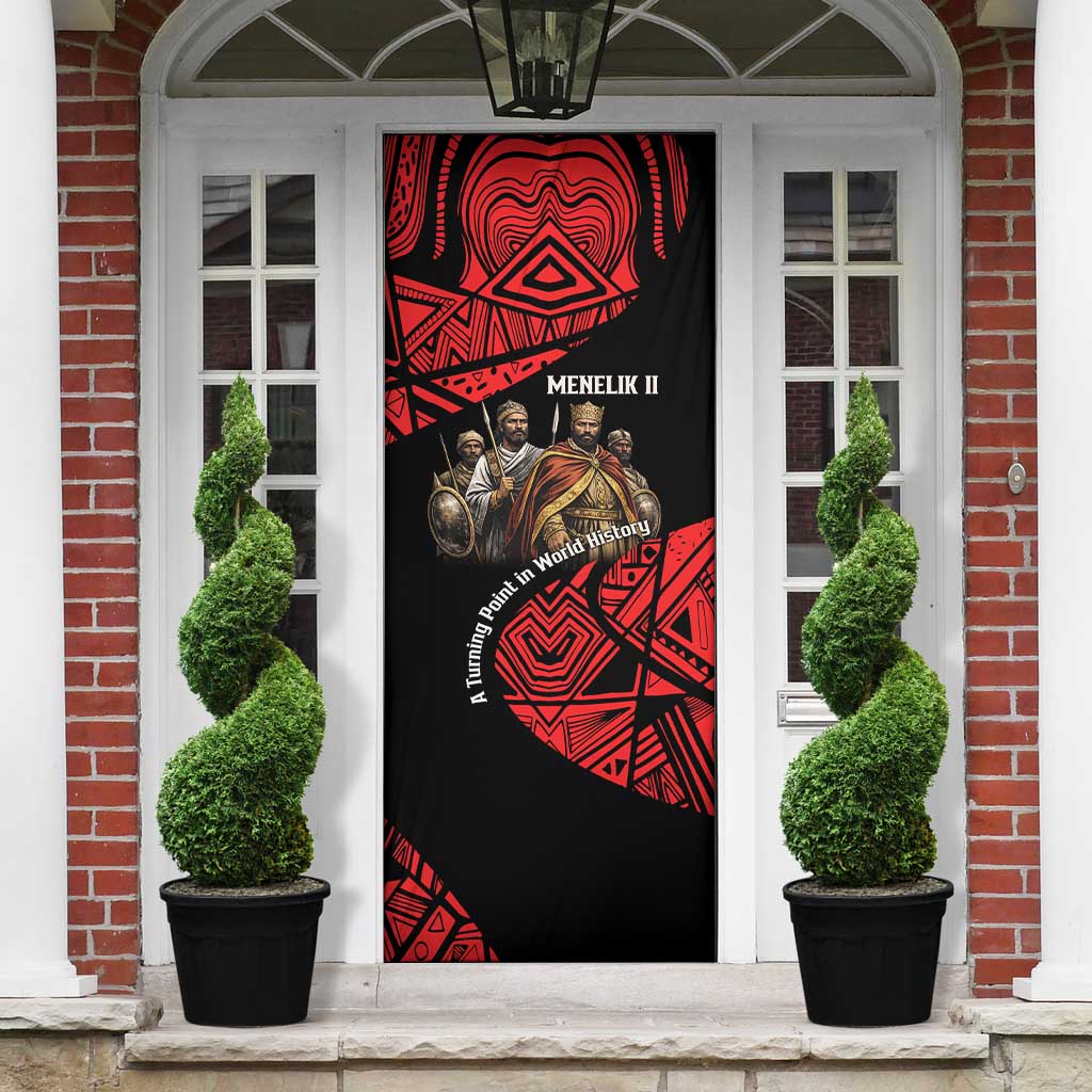 Menelik II Door Cover with Adwa Victory Map, Africa Defeated an Empire Text and Red Geometric - African Pride