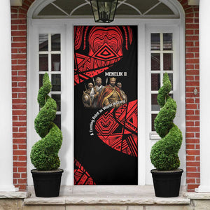 Menelik II Door Cover with Adwa Victory Map, Africa Defeated an Empire Text and Red Geometric - African Pride
