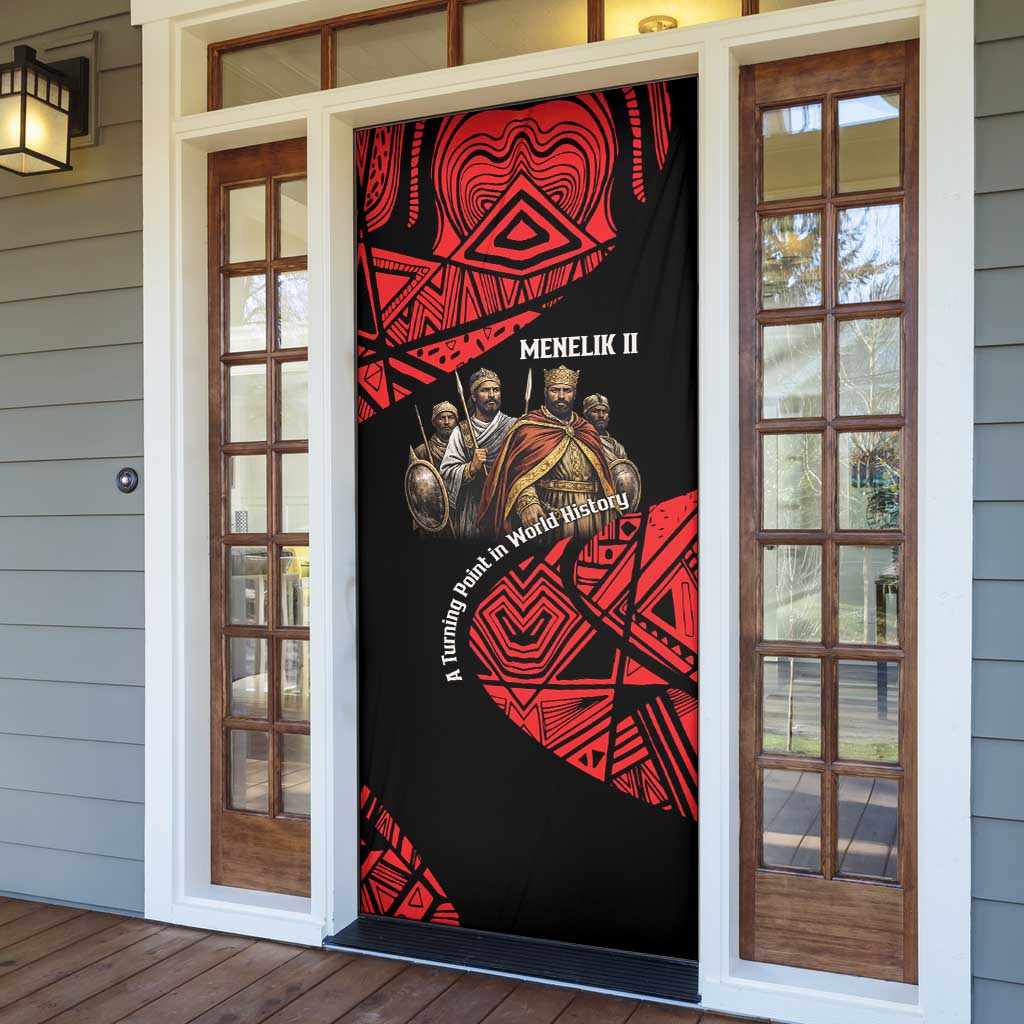 Menelik II Door Cover with Adwa Victory Map, Africa Defeated an Empire Text and Red Geometric - African Pride