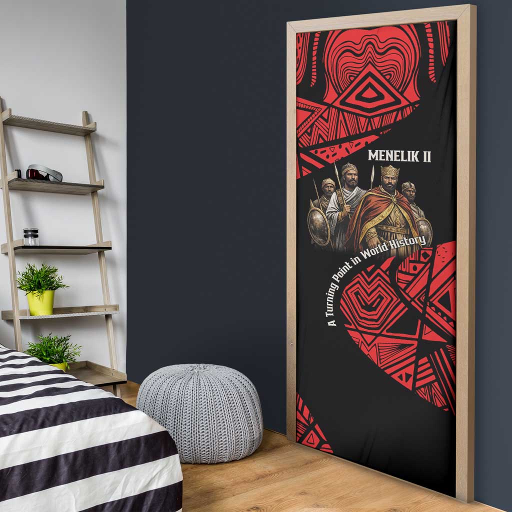 Menelik II Door Cover with Adwa Victory Map, Africa Defeated an Empire Text and Red Geometric - African Pride