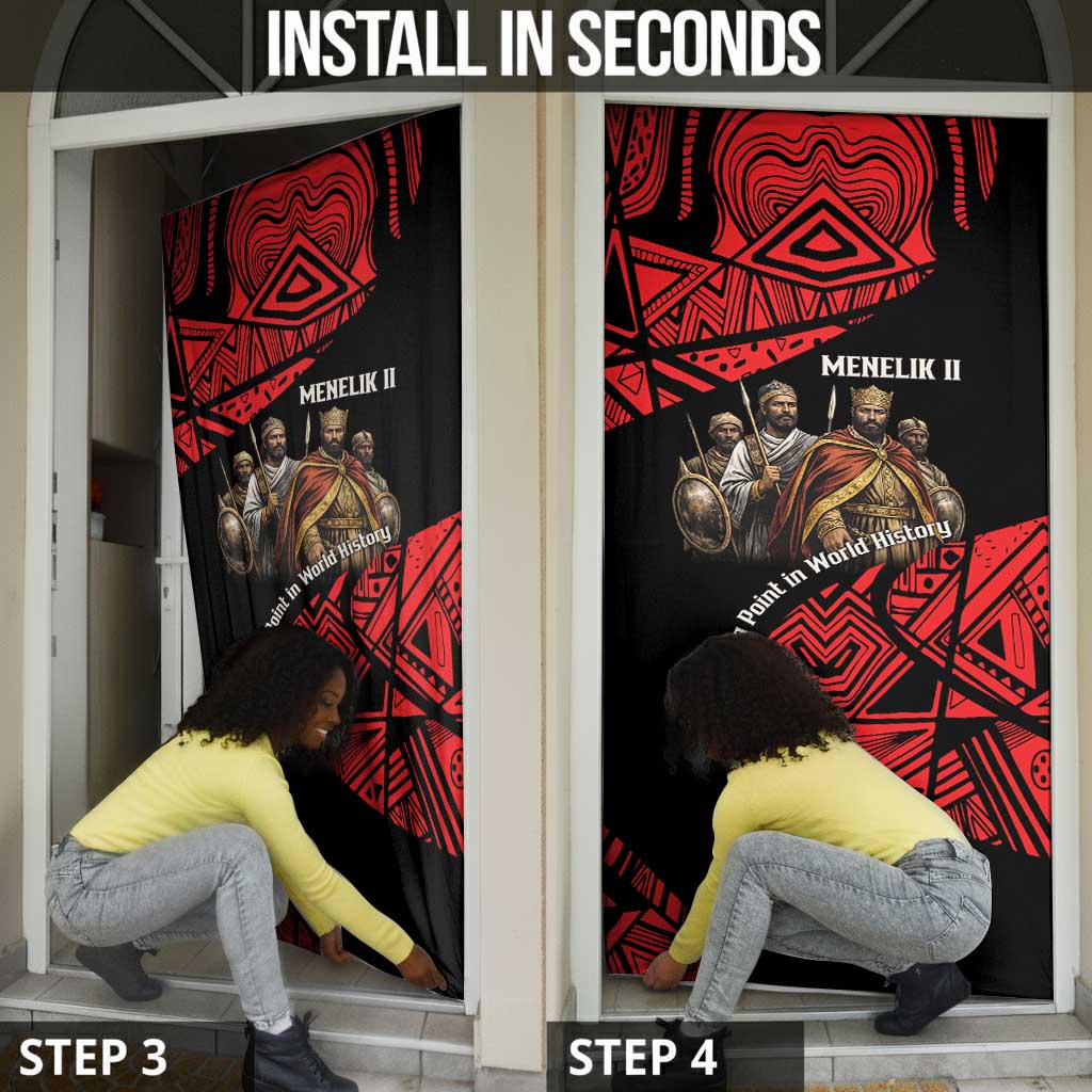 Menelik II Door Cover with Adwa Victory Map, Africa Defeated an Empire Text and Red Geometric - African Pride