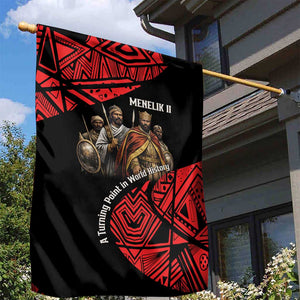 Menelik II Garden Flag with Adwa Victory Map, Africa Defeated an Empire Text and Red Geometric - African Pride