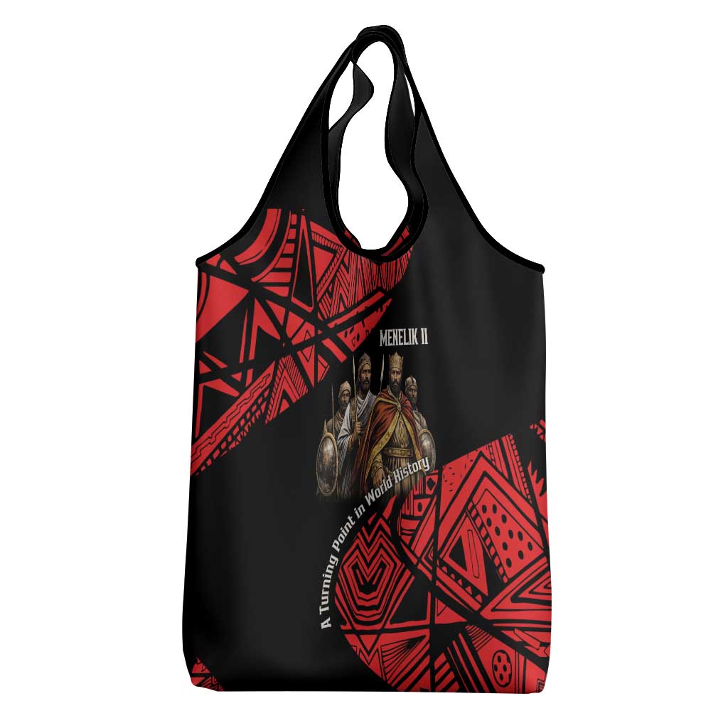 Menelik II Grocery Bag with Adwa Victory Map, Africa Defeated an Empire Text and Red Geometric - African Pride