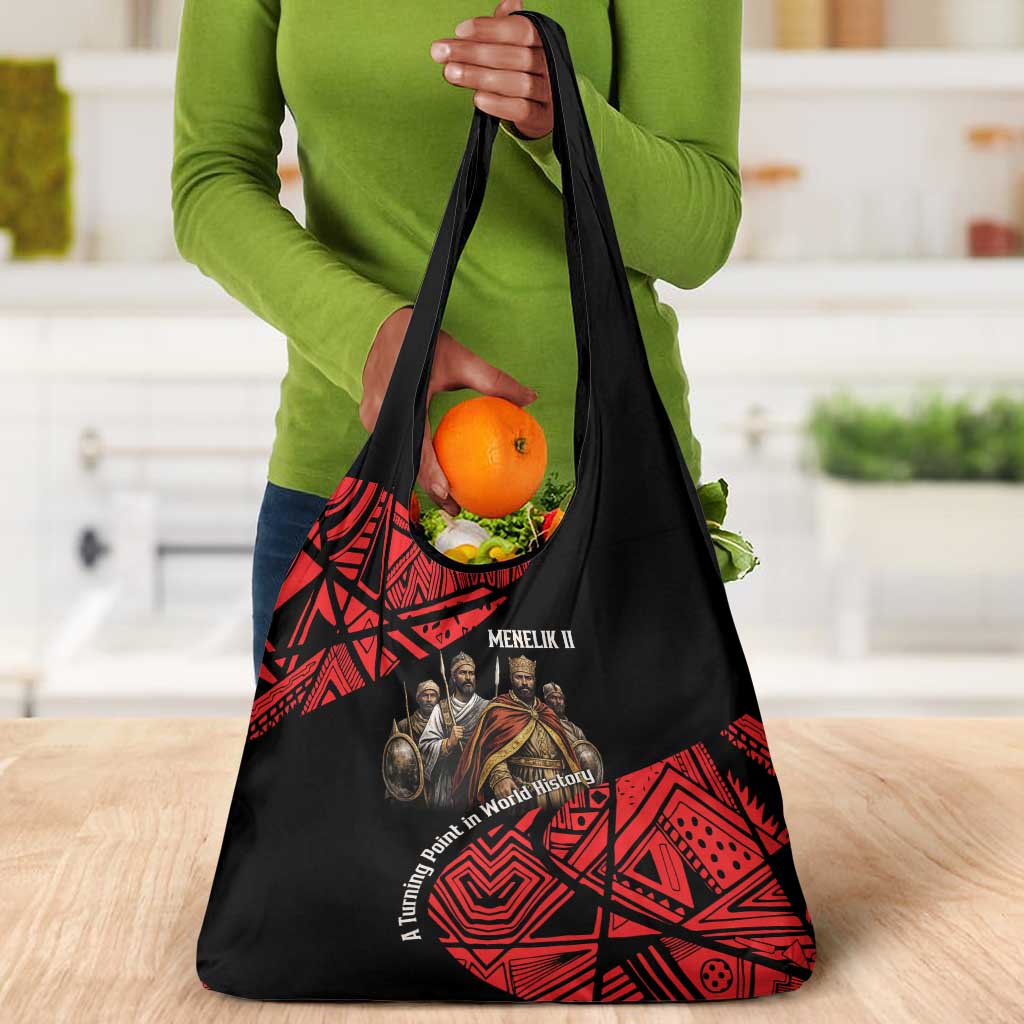 Menelik II Grocery Bag with Adwa Victory Map, Africa Defeated an Empire Text and Red Geometric - African Pride