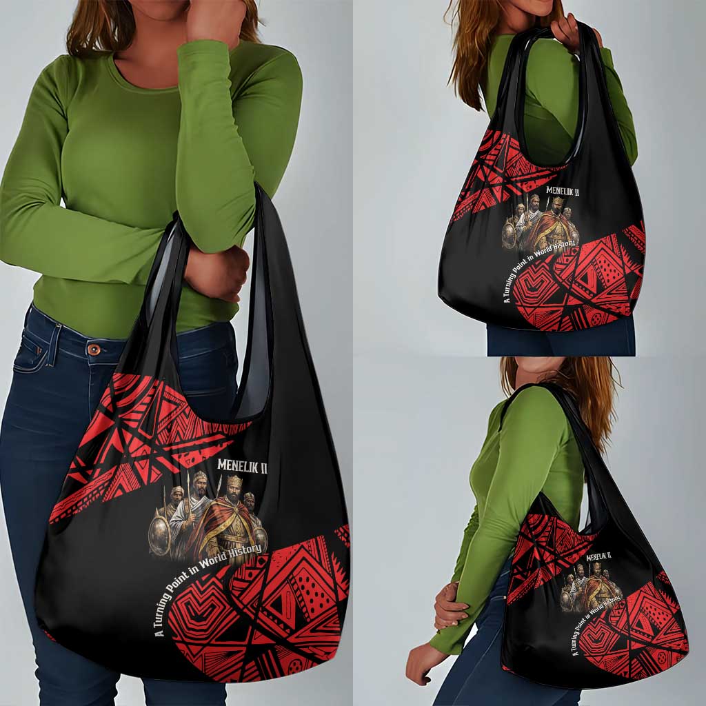 Menelik II Grocery Bag with Adwa Victory Map, Africa Defeated an Empire Text and Red Geometric - African Pride