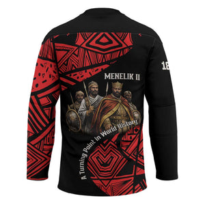 Menelik II Hockey Jersey with Adwa Victory Map, Africa Defeated an Empire Text and Red Geometric - African Pride