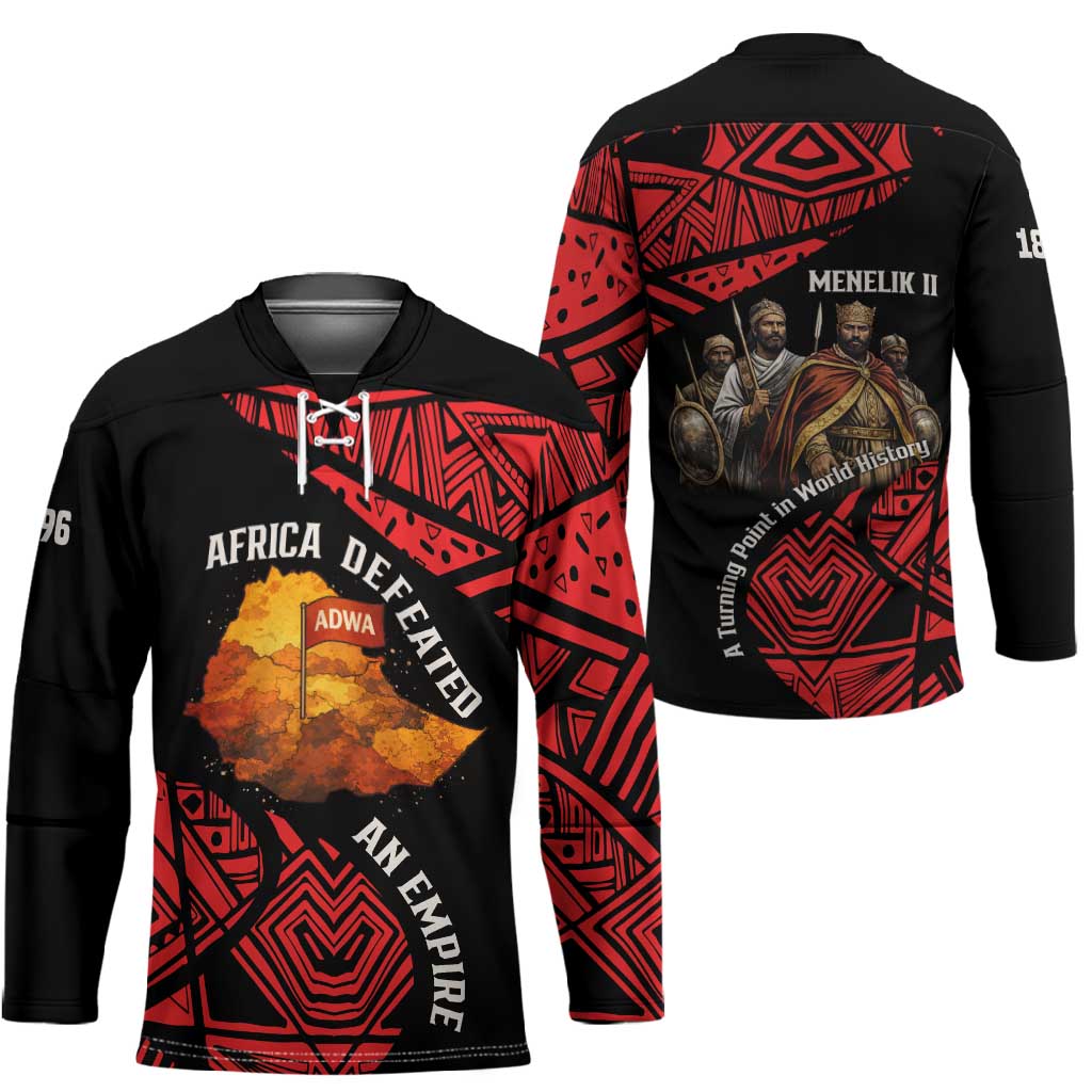 Menelik II Hockey Jersey with Adwa Victory Map, Africa Defeated an Empire Text and Red Geometric - African Pride
