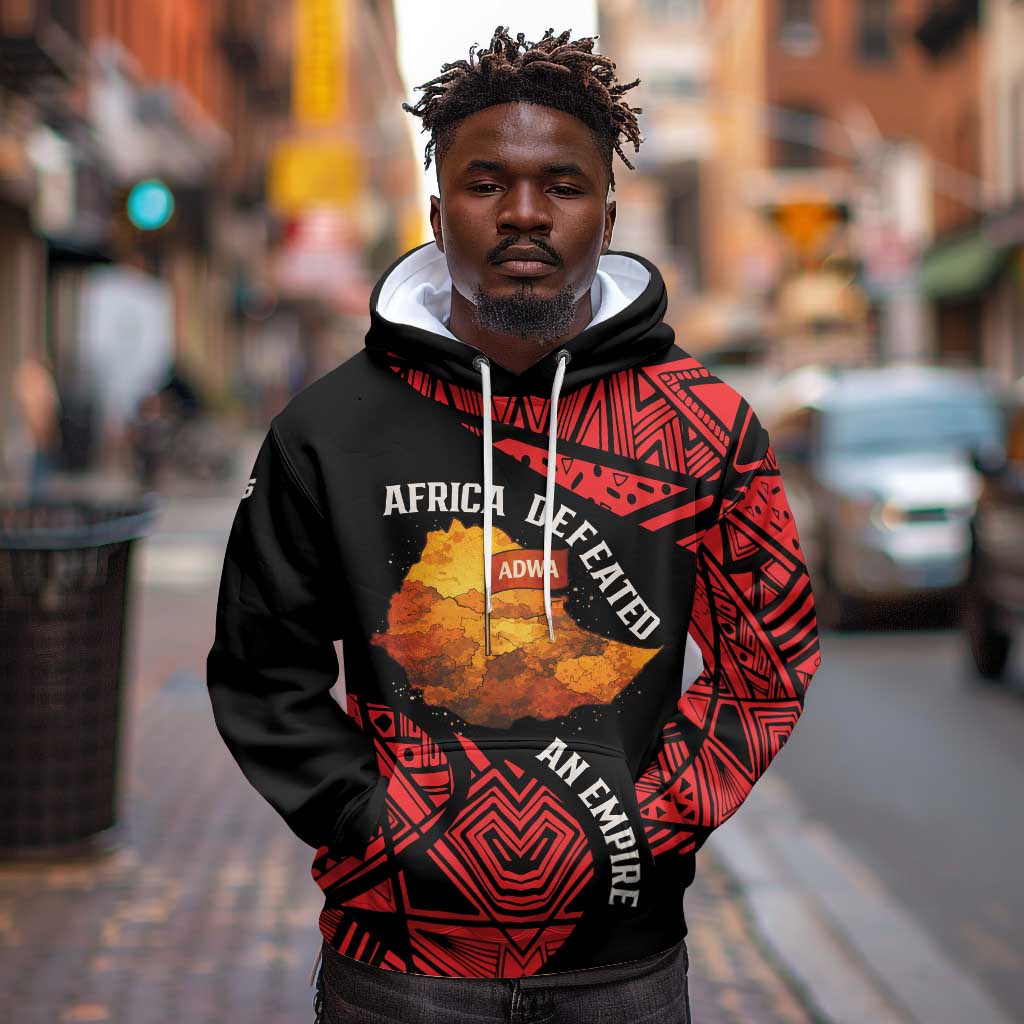 Menelik II Hoodie with Adwa Victory Map, Africa Defeated an Empire Text and Red Geometric - African Pride