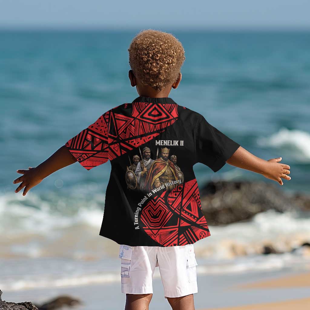 Menelik II Kid Hawaiian Shirt with Adwa Victory Map, Africa Defeated an Empire Text and Red Geometric - African Pride