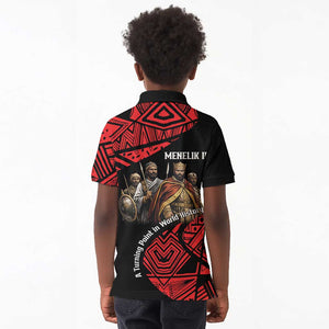 Menelik II Kid Polo Shirt with Adwa Victory Map, Africa Defeated an Empire Text and Red Geometric - African Pride