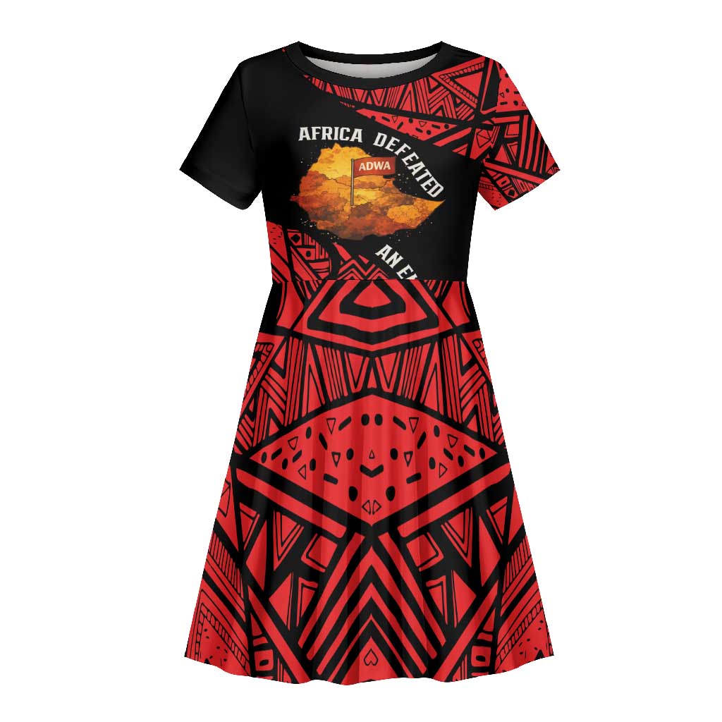 Menelik II Kid Short Sleeve Dress with Adwa Victory Map, Africa Defeated an Empire Text and Red Geometric - African Pride