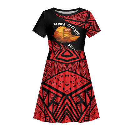 Menelik II Kid Short Sleeve Dress with Adwa Victory Map, Africa Defeated an Empire Text and Red Geometric - African Pride