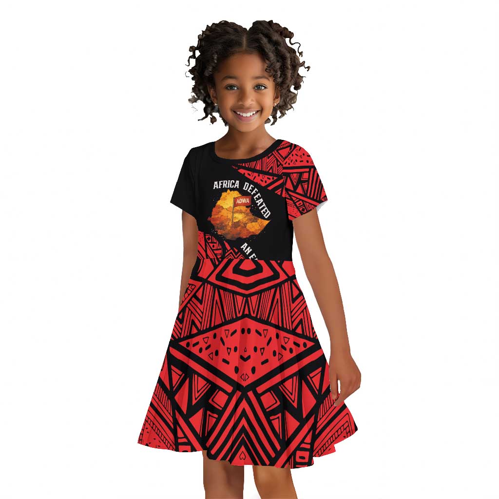 Menelik II Kid Short Sleeve Dress with Adwa Victory Map, Africa Defeated an Empire Text and Red Geometric - African Pride