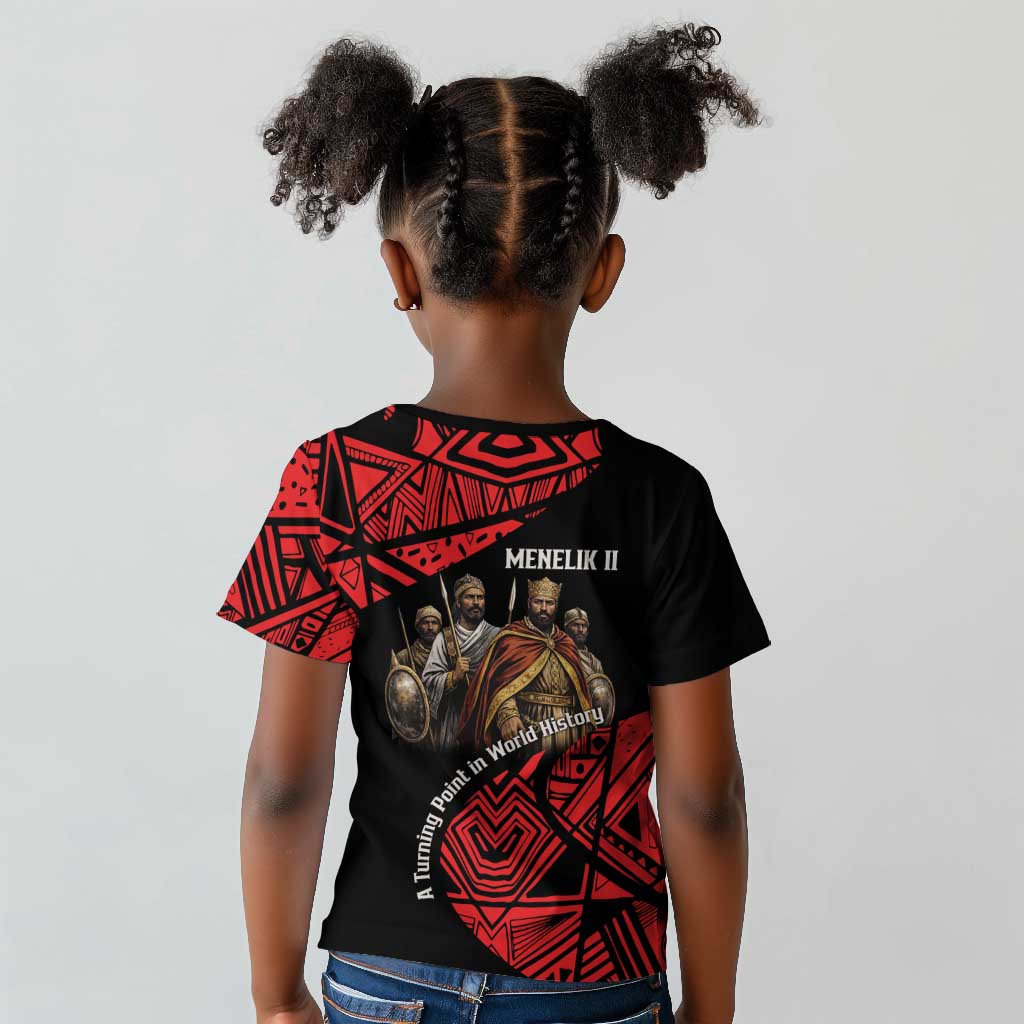 Menelik II Kid T shirt with Adwa Victory Map, Africa Defeated an Empire Text and Red Geometric - African Pride