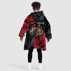 Menelik II Kid Wearable Blanket Hoodie with Adwa Victory Map, Africa Defeated an Empire Text and Red Geometric - African Pride