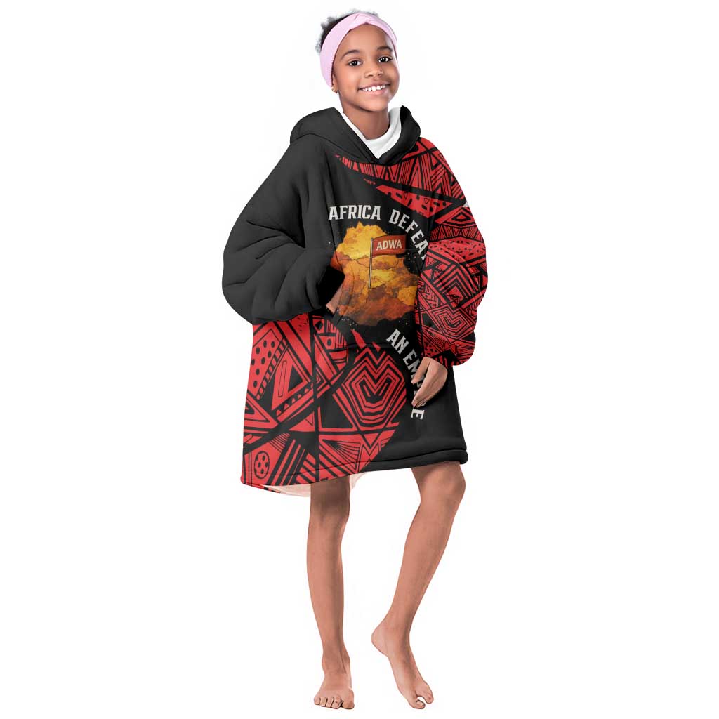 Menelik II Kid Wearable Blanket Hoodie with Adwa Victory Map, Africa Defeated an Empire Text and Red Geometric - African Pride