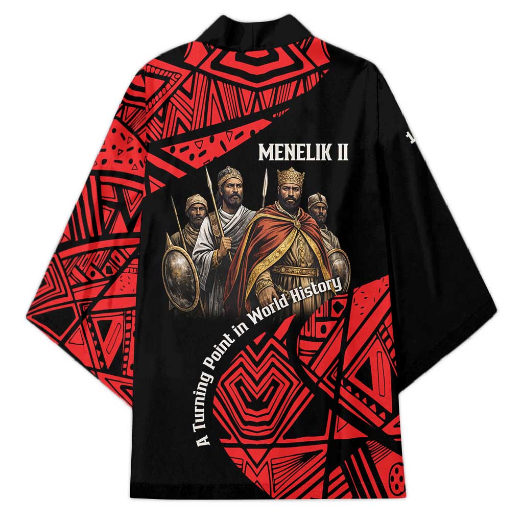 Menelik II Kimono with Adwa Victory Map, Africa Defeated an Empire Text and Red Geometric - African Pride