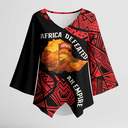 Menelik II Kimono Sleeve Blouse with Adwa Victory Map, Africa Defeated an Empire Text and Red Geometric - African Pride