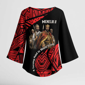 Menelik II Kimono Sleeve Blouse with Adwa Victory Map, Africa Defeated an Empire Text and Red Geometric - African Pride