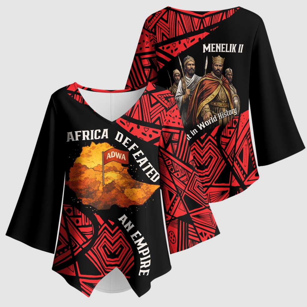 Menelik II Kimono Sleeve Blouse with Adwa Victory Map, Africa Defeated an Empire Text and Red Geometric - African Pride