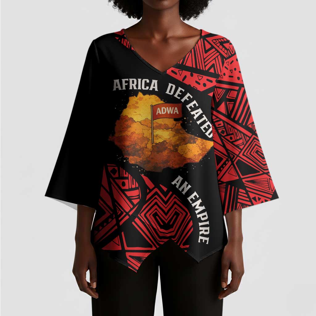 Menelik II Kimono Sleeve Blouse with Adwa Victory Map, Africa Defeated an Empire Text and Red Geometric - African Pride