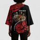 Menelik II Kimono Sleeve Blouse with Adwa Victory Map, Africa Defeated an Empire Text and Red Geometric - African Pride