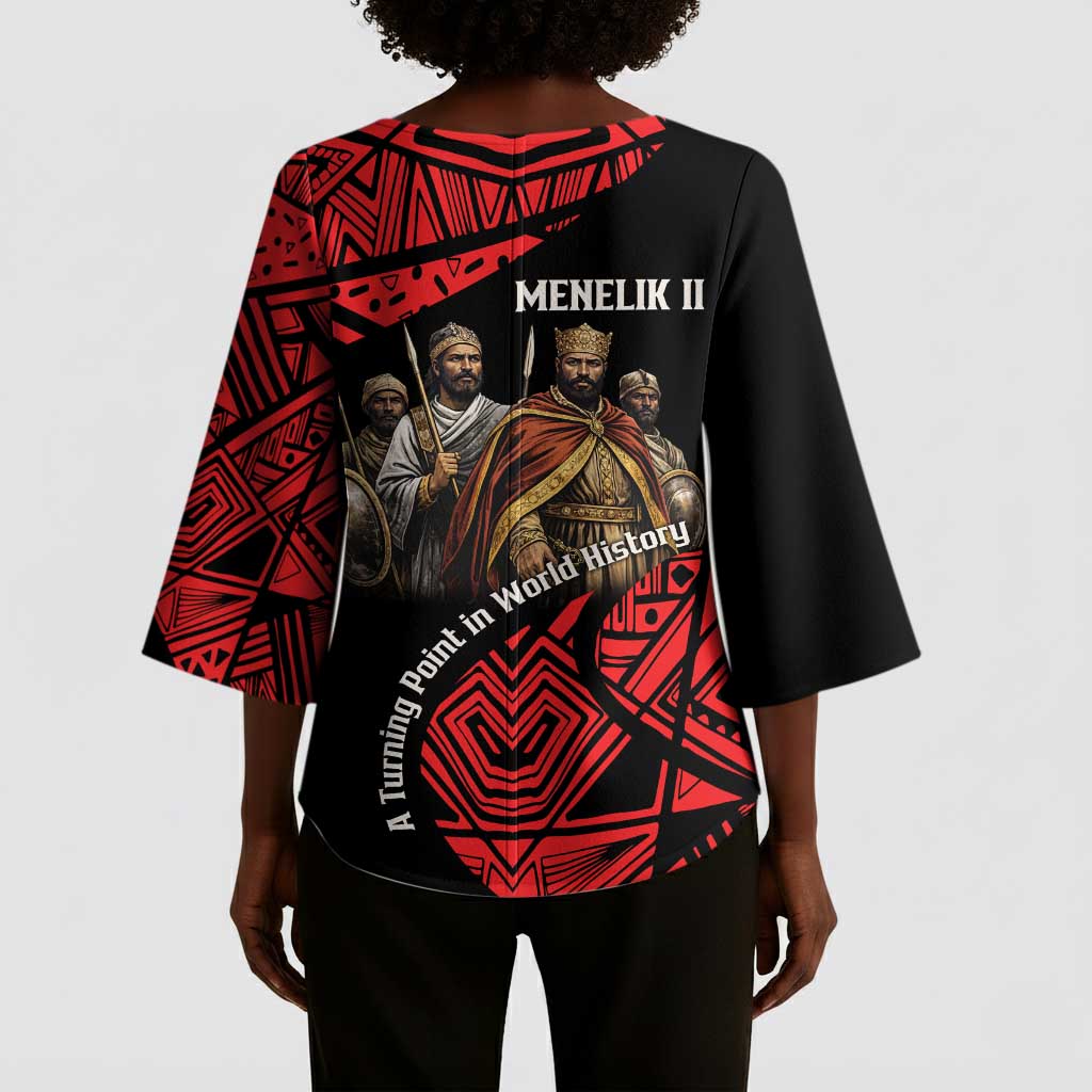 Menelik II Kimono Sleeve Blouse with Adwa Victory Map, Africa Defeated an Empire Text and Red Geometric - African Pride