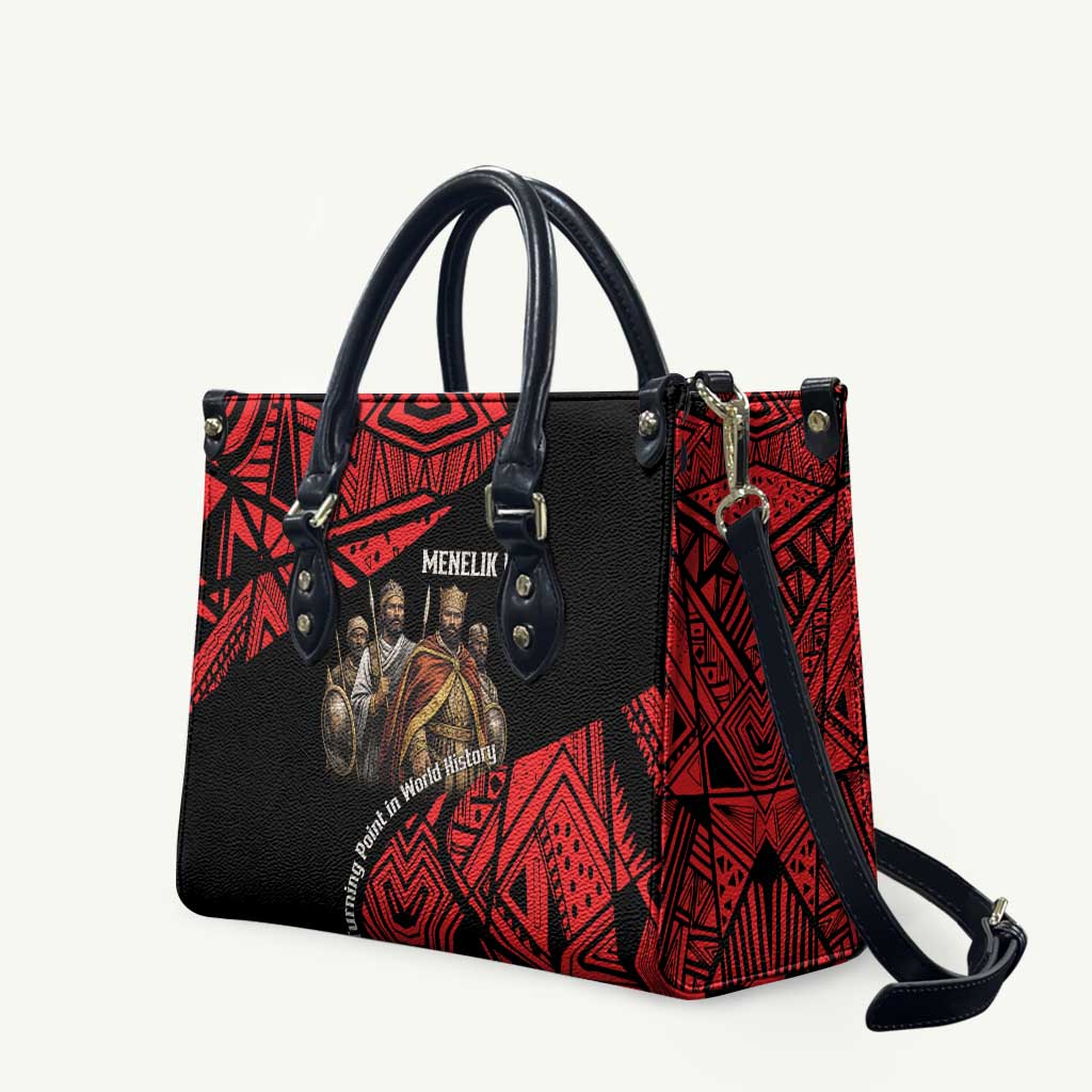Menelik II Leather Bag with Adwa Victory Map, Africa Defeated an Empire Text and Red Geometric - African Pride