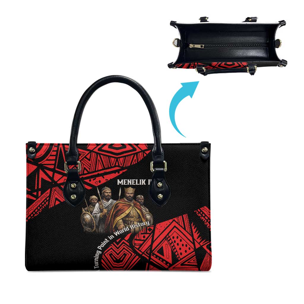 Menelik II Leather Bag with Adwa Victory Map, Africa Defeated an Empire Text and Red Geometric - African Pride