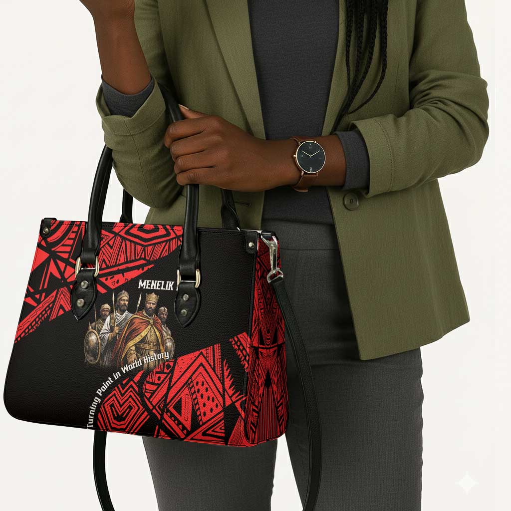 Menelik II Leather Bag with Adwa Victory Map, Africa Defeated an Empire Text and Red Geometric - African Pride