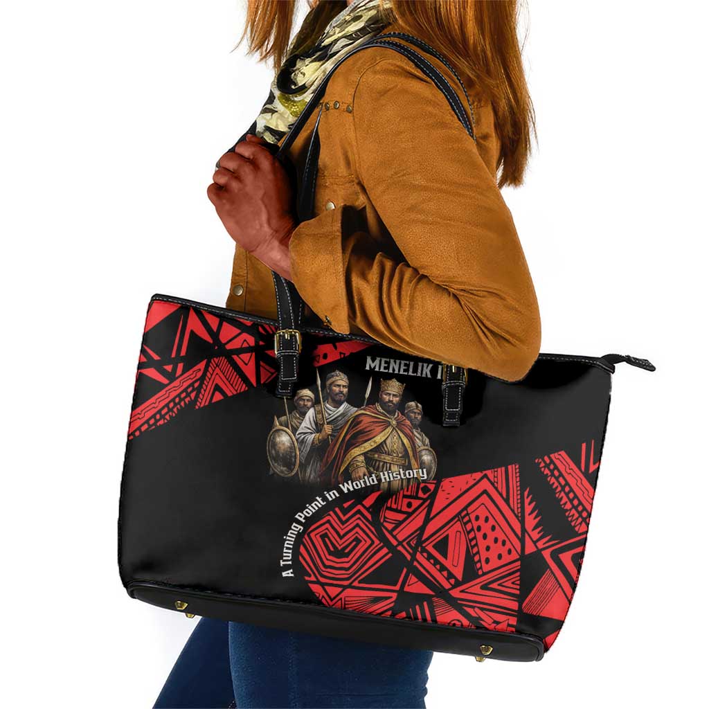 Menelik II Leather Tote Bag with Adwa Victory Map, Africa Defeated an Empire Text and Red Geometric - African Pride