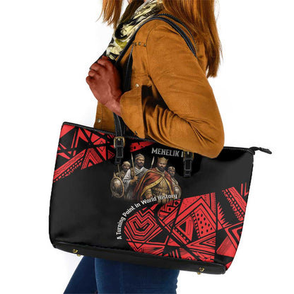 Menelik II Leather Tote Bag with Adwa Victory Map, Africa Defeated an Empire Text and Red Geometric - African Pride