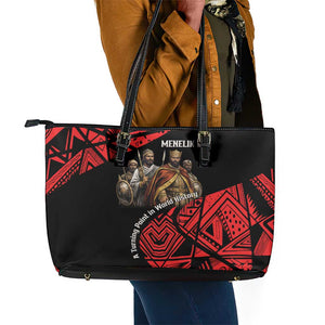 Menelik II Leather Tote Bag with Adwa Victory Map, Africa Defeated an Empire Text and Red Geometric - African Pride