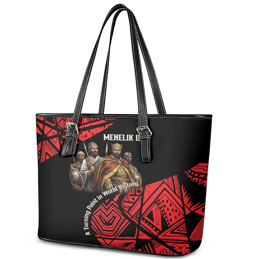 Menelik II Leather Tote Bag with Adwa Victory Map, Africa Defeated an Empire Text and Red Geometric - African Pride