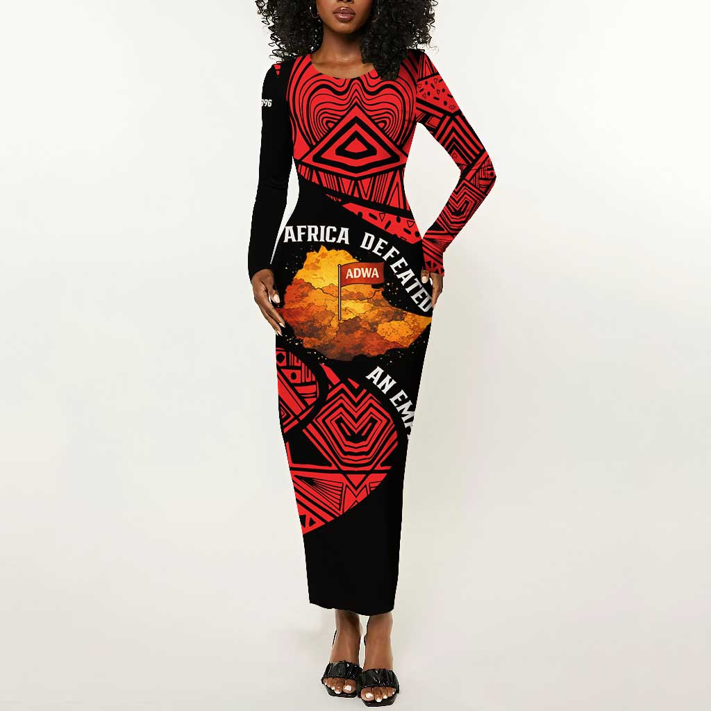 Menelik II Long Sleeve Bodycon Dress with Adwa Victory Map, Africa Defeated an Empire Text and Red Geometric - African Pride