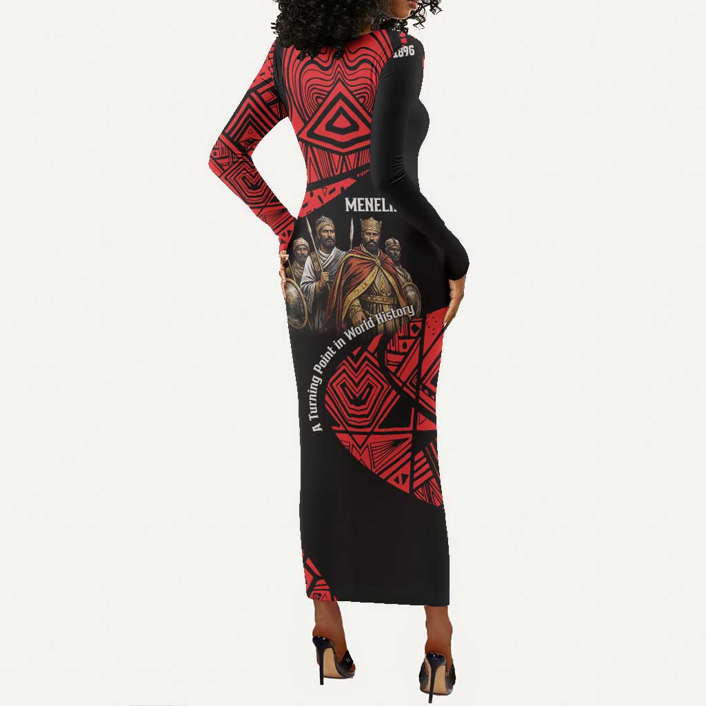 Menelik II Long Sleeve Bodycon Dress with Adwa Victory Map, Africa Defeated an Empire Text and Red Geometric - African Pride