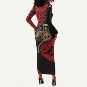 Menelik II Long Sleeve Bodycon Dress with Adwa Victory Map, Africa Defeated an Empire Text and Red Geometric - African Pride