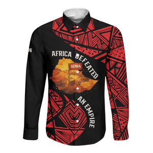 Menelik II Long Sleeve Button Shirt with Adwa Victory Map, Africa Defeated an Empire Text and Red Geometric - African Pride