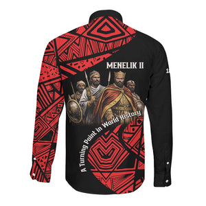Menelik II Long Sleeve Button Shirt with Adwa Victory Map, Africa Defeated an Empire Text and Red Geometric - African Pride