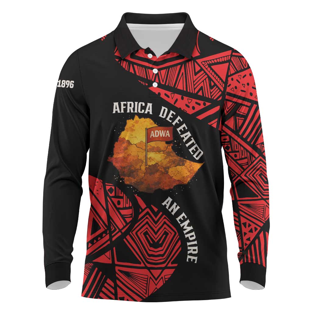 Menelik II Long Sleeve Polo Shirt with Adwa Victory Map, Africa Defeated an Empire Text and Red Geometric - African Pride
