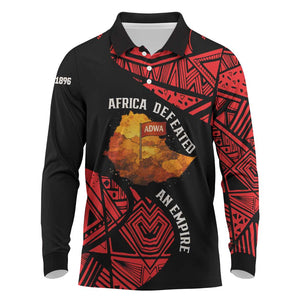 Menelik II Long Sleeve Polo Shirt with Adwa Victory Map, Africa Defeated an Empire Text and Red Geometric - African Pride