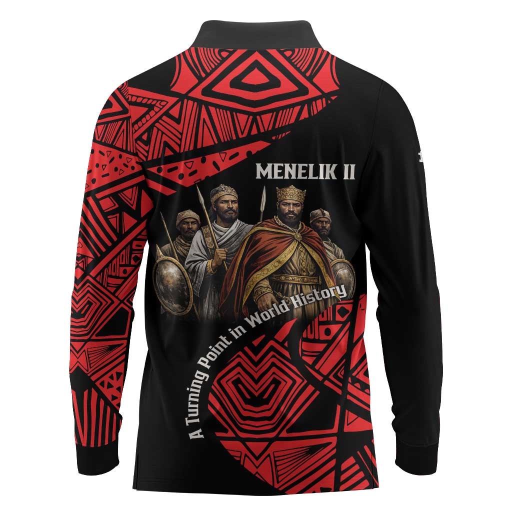 Menelik II Long Sleeve Polo Shirt with Adwa Victory Map, Africa Defeated an Empire Text and Red Geometric - African Pride