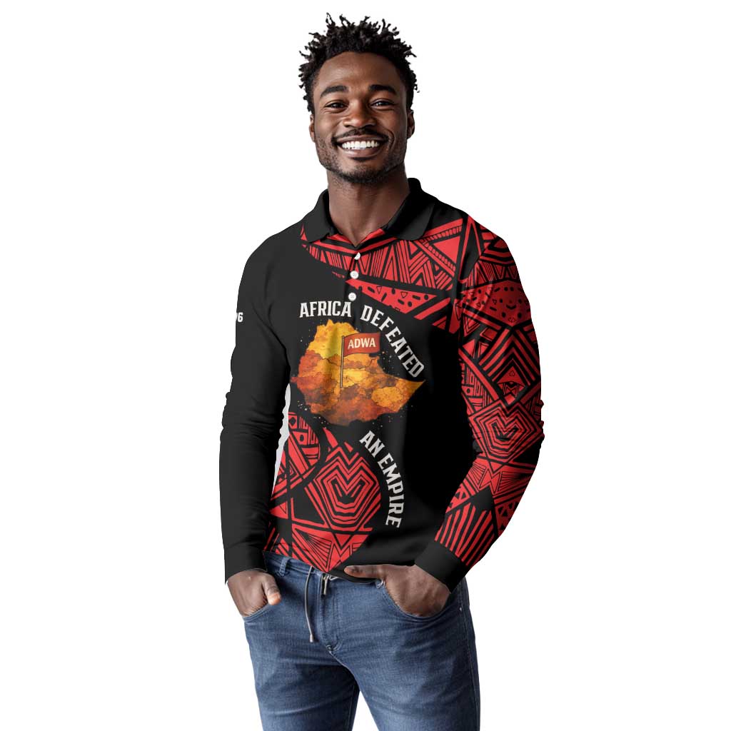 Menelik II Long Sleeve Polo Shirt with Adwa Victory Map, Africa Defeated an Empire Text and Red Geometric - African Pride